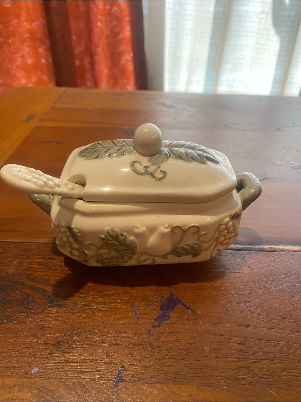 Ceramic Cream and Sage Leaf Design- Mini Soup Tureen